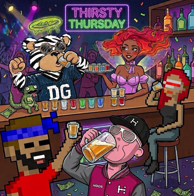 A colorful cartoon illustration titled 'THIRSTY THURSDAY' showing pixelated characters and other figures drinking at a bar, with a zebra wearing a 'DG' shirt, a green dinosaur, and various shot glasses displayed.