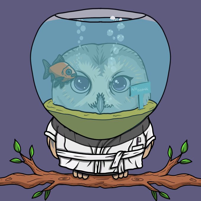 A digital illustration of a character wearing a fishbowl helmet containing water, a fish, and a pufferfish face, dressed in a white martial arts uniform and sitting on a tree branch.