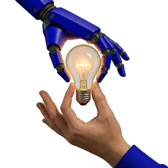 A robotic blue hand passes a glowing lightbulb to a human hand reaching up, symbolizing the transfer of innovation or ideas between artificial intelligence and humanity. This visual metaphor aligns with the post's theme of "AI keeps growing on Base," representing the collaboration and advancement of AI technology within the Base ecosystem.