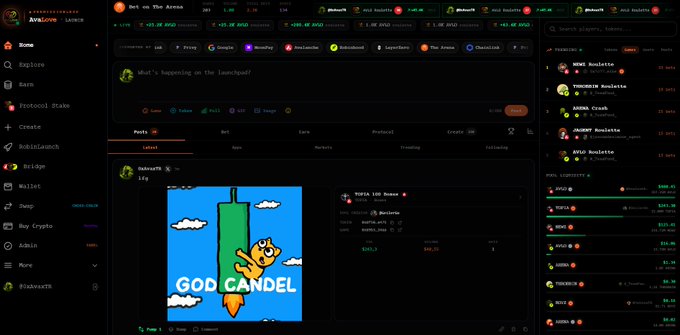 Screenshot of the Avalanche Launchpad showing the 'Memes on the Arena' feed with a post titled 'GOD CANDEL' and trending tokens like AVAX and TUT listed on the right.