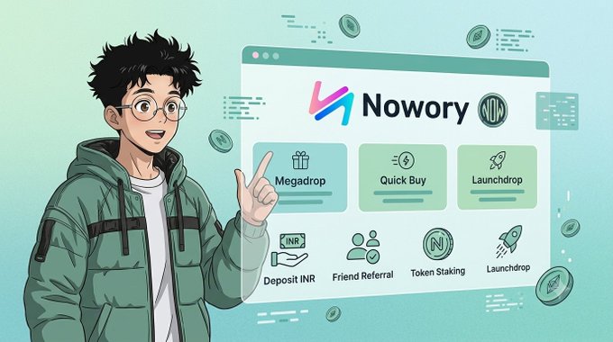 A promotional graphic for the Nowory platform featuring an illustrated character pointing to features like Megadrop, Quick Buy, and Launchdrop.