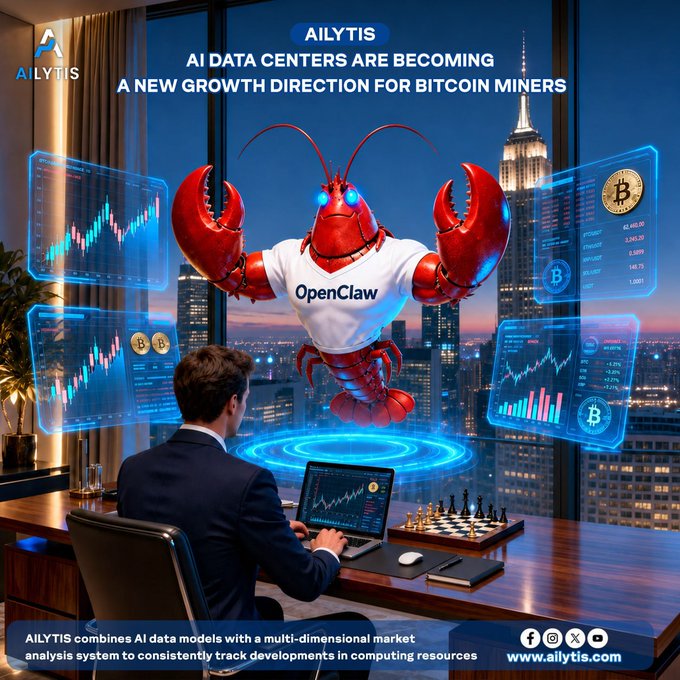 A businessman works at a desk while a holographic red lobster labeled "OpenClaw" hovers before a city skyline, surrounded by Bitcoin charts and the headline "AILYTIS - AI DATA CENTERS ARE BECOMING A NEW GROWTH DIRECTION FOR BITcoin MINERS." The futuristic scene, branded with the AILYTIS logo and www.ailytis.com, visually reinforces the post's theme of AI agents evolving from market analysis into autonomous crypto trading and execution.
