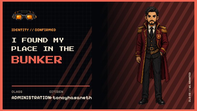 A pixel art character display from a bunker-themed game showing a man in a red coat with the text "I FOUND MY PLACE IN THE BUNKER," "CLASS: CITIZEN," "ADMINISTRATION: tonyhasaneth," and "IDENTITY: UNCONFIRMED."