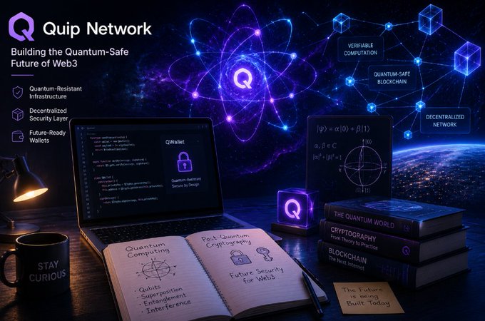 A promotional graphic for Quip Network ("Building the Quantum-Safe Future of Web3") displays a workspace featuring a laptop showing QWallet, an open notebook on Quantum Computing and Post-Quantum Cryptography, and books on cryptography and blockchain, all set against a cosmic backdrop with floating qubit nodes labeled "Verifiable Computation," "Quantum-Safe Blockchain," and "Decentralized Network." The image visually echoes the post's theme of discovering a blockchain project that unexpectedly sparks deeper curiosity about quantum computing and cryptographic security.