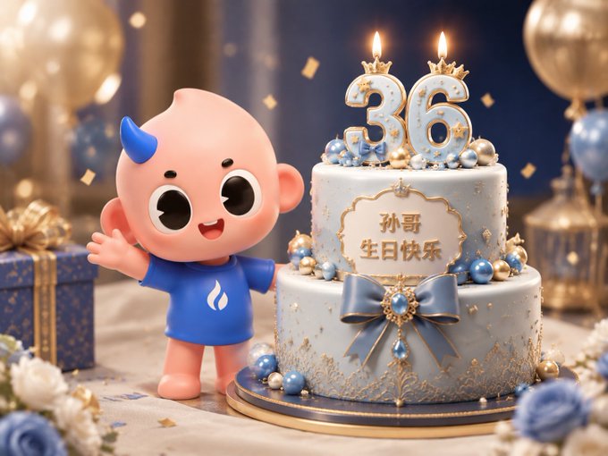 A 3D-rendered baby character with a small blue horn waves next to an elegant two-tier birthday cake topped with candles forming '36', with Chinese text '孙哥 生日快乐' (Happy Birthday Brother Sun) on the cake.