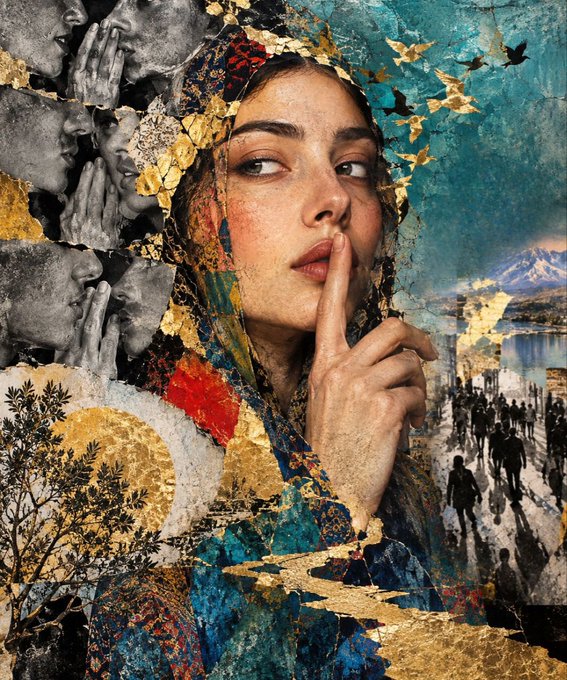 An intricate digital collage featuring a woman in a colorful headscarf with her finger to her lips, surrounded by gold leaf accents, black-and-white profile portraits, birds, and a distant mountain landscape.