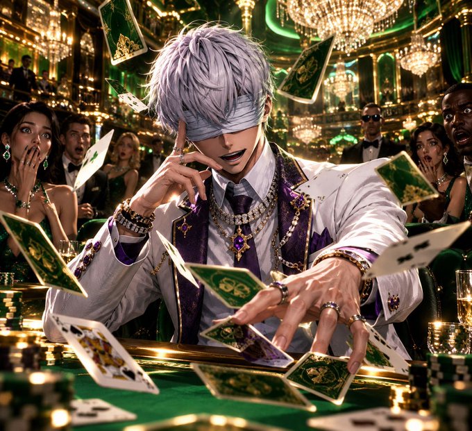 A digital anime-style illustration of a silver-haired character wearing a blindfold and luxurious white and purple attire, performing a card trick at a casino table with onlookers watching in amazement.