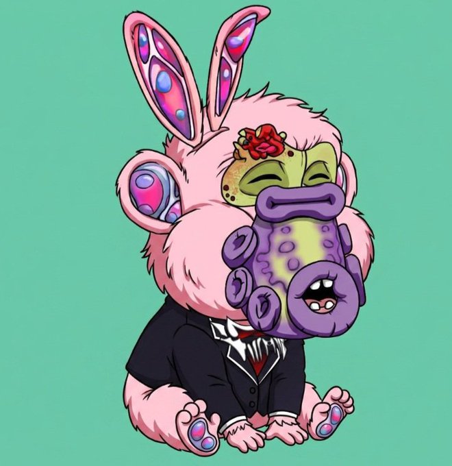 A cartoon illustration of a bizarre pink rabbit-like creature with colorful bubble-patterned ears, wearing a black business suit with a red tie, and featuring a purple tentacled mouth and greenish face patches.