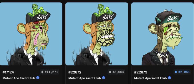 Three NFT cards from the "Mutant Ape Yacht Club" collection (#17124, #22872, and #22873) are displayed, each featuring a different zombie-like ape character wearing a "BAYC" cap.