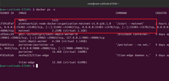 A terminal window shows the output of `docker ps -s`, displaying container details including the running Pi Node ("plnetwork/pi-node-docker:organization-mainnet-v1.0-p26.1.0") with a size of 2.25MB (virtual 1.1GB), visually confirming the post's claim that the Pi Node v26 container is extremely lightweight at only 2.25MB on disk.