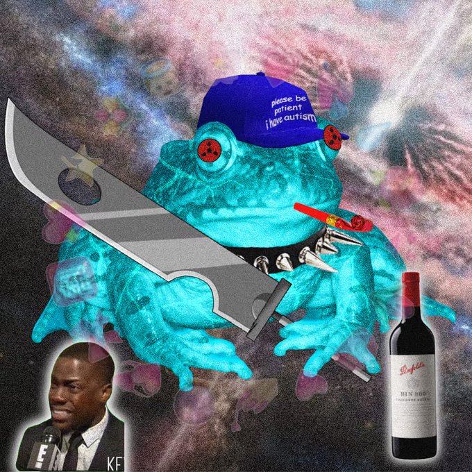 A surreal chaotic artwork featuring a turquoise frog wearing a blue 'please be patient I have autism' hat, holding a large sword, with a wine bottle labeled 'Penfolds BIN 389' and a portrait of Kevin Hart in the corner.