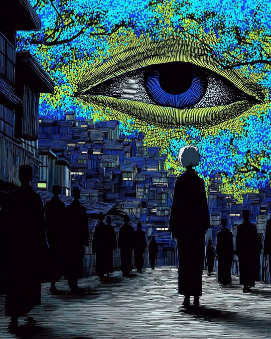 A stylized illustration showing silhouetted figures walking through a dense cityscape beneath a massive, surreal blue and yellow eye that dominates the sky.