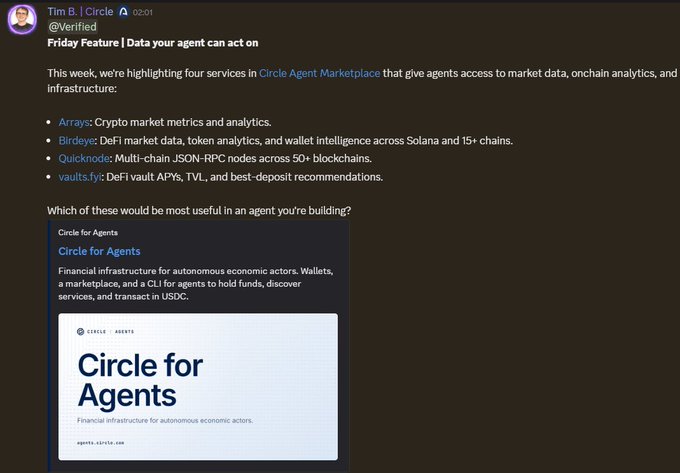 A screenshot of a Twitter/X post from Tim B.J. Circle (@Verified) titled 'Friday Feature | Data your agent can act on,' highlighting crypto data services including Arrays, Birdeye, Quicknode, and vaults.fy.