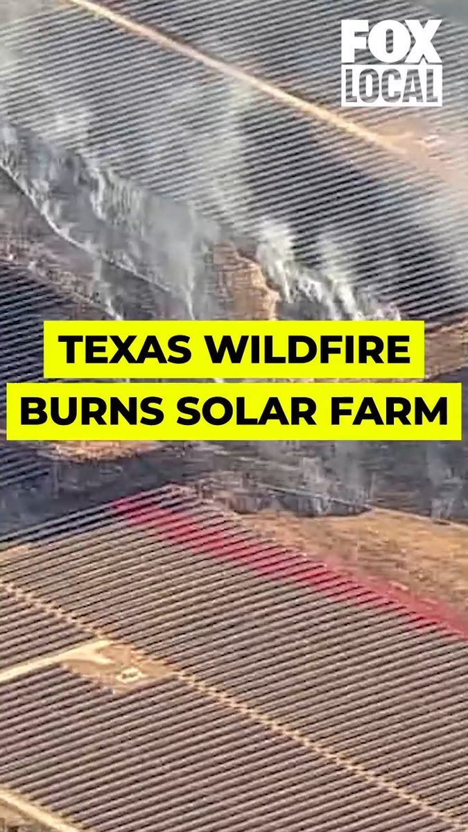 An aerial view of a solar farm with smoke rising from a burned section, overlaid with the "FOX LOCAL" logo and yellow text reading "TEXAS WILDFIRE BURNS SOLAR FARM." The image highlights a real-world consequence of solar panel failure—wildfires triggered by damaged or malfunctioning panels—which underscores the environmental concerns raised in the caption about the lifecycle impacts of PV cells and metals.