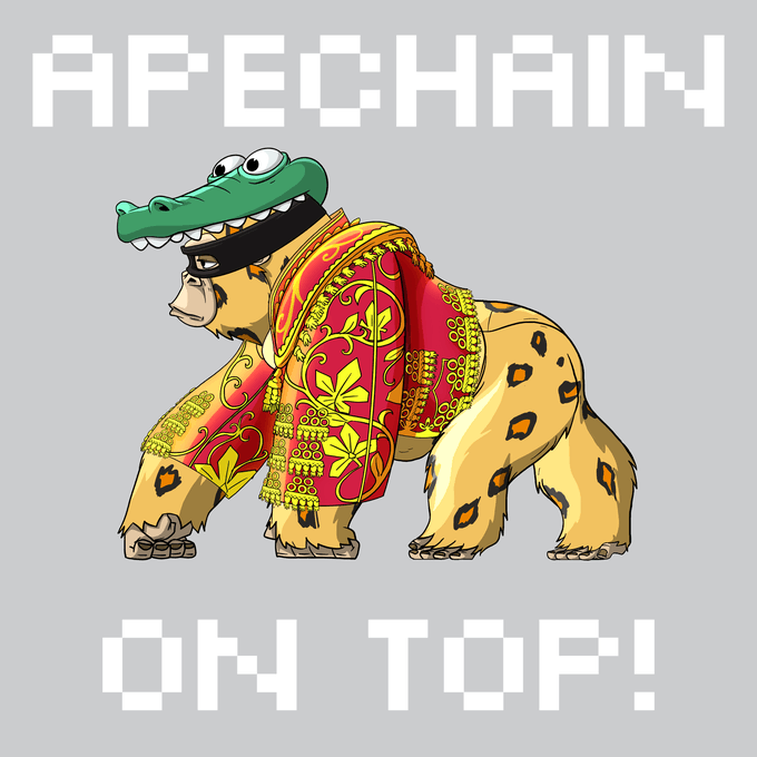 Pixel art of a gorilla wearing a red and gold Versace-style robe with a green crocodile mask, with pixelated text reading 'AFECHAIN ON TOP!'.