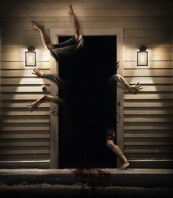 A dark, surreal figure with multiple limbs emerges from the doorway of a dimly lit house, with blood splattered on the threshold, capturing the eerie and horror-filled tone of the upcoming movie the poster is excited to see.