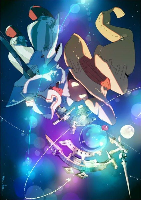 A vibrant illustration shows a robotic figure floating in a cosmic, starry background, holding an oversized glowing sword, with the text "Mecha" visible in the bottom left corner, fitting the post's caption "Gn" (Good night) as a dreamy, futuristic goodnight image.