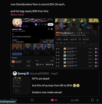 A social media post screenshot showing Stonk Brokers NFT statistics, with text noting 'Stonkbrokers floor is around $14.2k each, and his bag nearly $1M from this' and comments about NFTs being dead while prices pump from $0 to $11k.