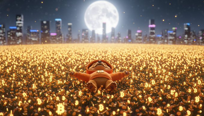 A 3D-rendered sloth character in an orange hoodie making a peace sign while sitting in a field of glowing Bitcoin symbols, with a moonlit city skyline in the background.