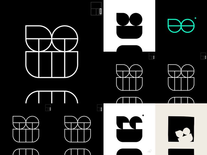 A grid of logo design concepts featuring geometric, abstract letterforms in black and white with one teal accent, exploring variations of stylized shapes.