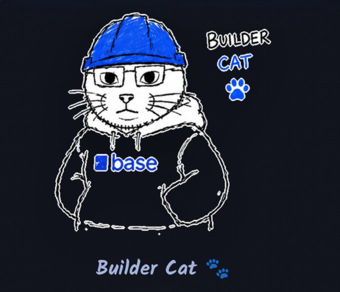 Illustration of a white cat wearing a blue construction hard hat and a black Coinbase 'base' hoodie, with 'Builder Cat' text and paw prints on a dark background.