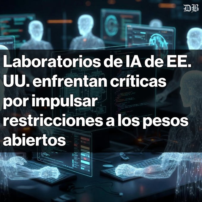 A digital illustration showing humanoid figures working at multiple computer monitors with code, overlaid with Spanish text reading 'Laboratorios de IA de EE. UU. enfrentan críticas por impulsar restricciones a los pesos abiertos'.