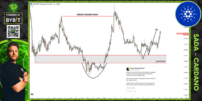 A trading chart of ADA/USDT Perpetual Contract (4h) by Bybit highlights a "FRESH HIGHER HIGH" and a "SUPPORT" zone after a "Head and Shoulders" reversal pattern, featuring a post from @AltCryptoGems calling the bottom before the bullish move—aligning with the caption celebrating the well-timed sniper entry on Cardano.