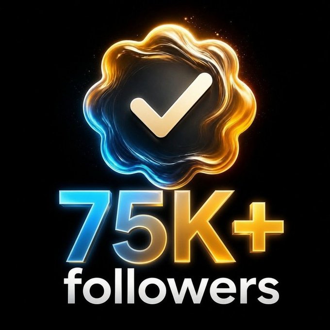 A glowing verification badge with a checkmark above the text '75K+ followers' in blue and gold gradient lettering on a black background.