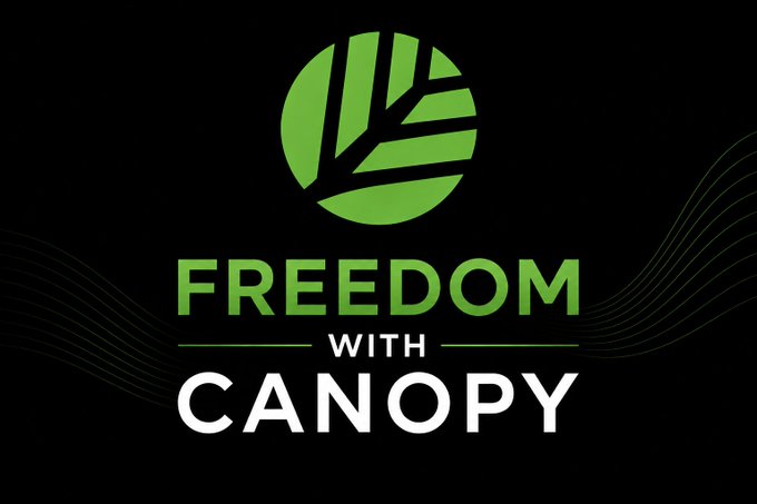 A black promotional banner featuring a green circular logo with leaf-like design and the text 'FREEDOM WITH CANOPY' in green and white lettering.