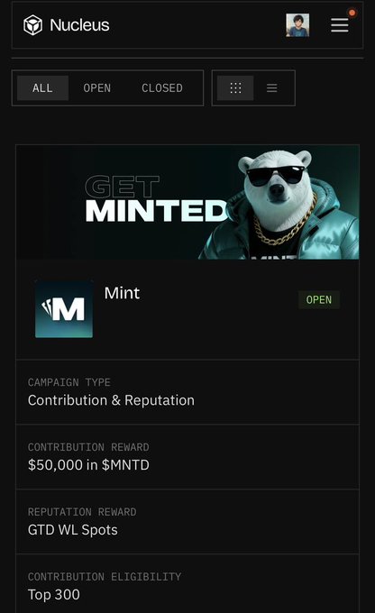 A screenshot of the Nucleus platform showing a 'GET MINTED' campaign with a polar bear in sunglasses, advertising $50,000 in $MNTD rewards and GTD WL Spots.