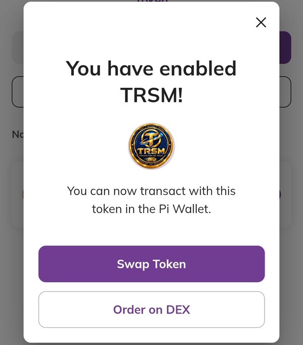 A Pi Wallet confirmation popup displays "You have enabled TRSM! You can now transact with this token in the Pi Wallet," featuring a gold TRSM token emblem alongside "Swap Token" and "Order on DEX" buttons. The image visually supports the post by illustrating the latest addition (TRSM) to Pi Network's growing Testnet token lineup, reinforcing the user's call to the Pi Core Team about PiDEX Mainnet readiness.