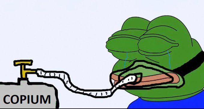 A 'Sad Pepe' frog meme crying while inhaling from a gas tank labeled 'COPIUM'.