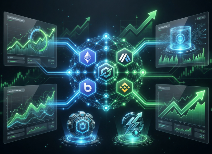 A futuristic cryptocurrency graphic featuring interconnected network nodes displaying logos for Ethereum, Arbitrum, and Binance, surrounded by trading charts showing green upward trends and data dashboards.