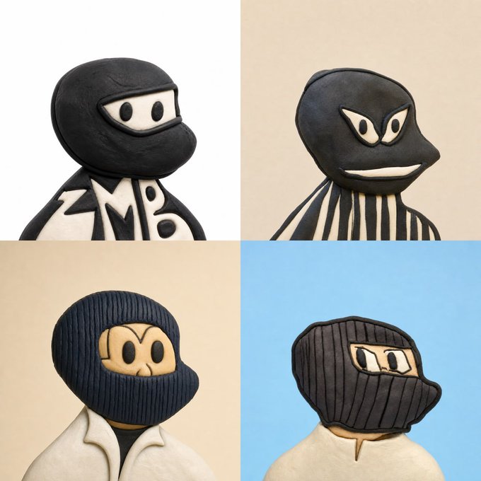 A 2x2 grid showing four ceramic figurines with different colored ski masks and outfits, each with distinct cartoon-like facial expressions on the mask.