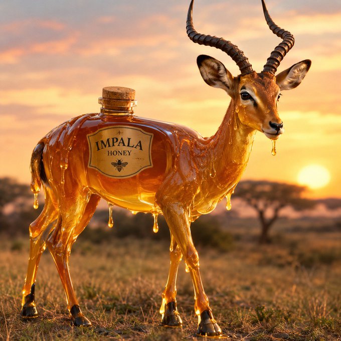 A honey bottle shaped like an impala with the label "IMPALA HONEY" drips golden honey over an antelope's body against a sunset savanna backdrop, visually promoting the new Impala Honey ($imny) token launch on Pump.fun.