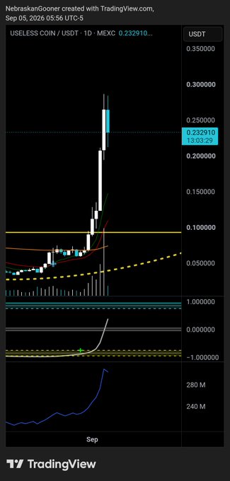 A TradingView 1D chart of USELESS COIN/USDT on MEXC shows the token's dramatic price surge from around $0.05 to a peak above $0.25 before pulling back to $0.232910, accompanied by spiking volume near the highs and an overbought momentum indicator—visually supporting the post's call for an incoming sideways consolidation after the rapid pump.