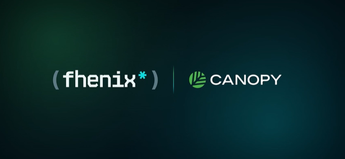 A dark green background displaying the logos 'fhenix' and 'CANOPY' side by side.