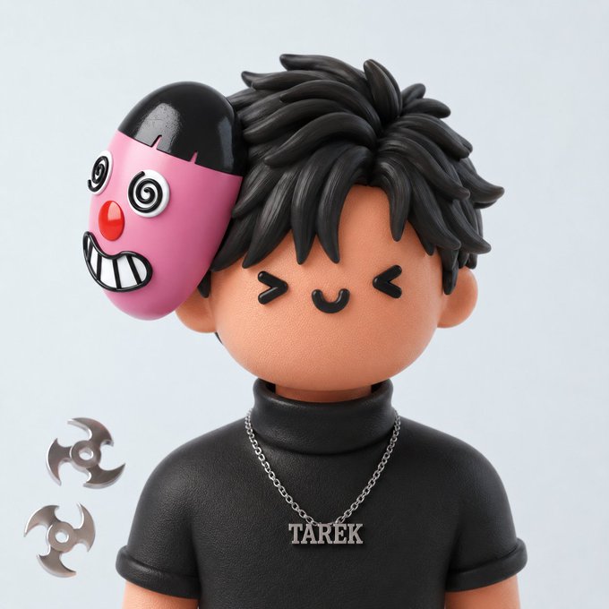 A 3D-rendered cartoon-style figure with messy black hair, a black shirt, and a silver 'TAREK' necklace, with a pink and black mask character attached to the side of its head.