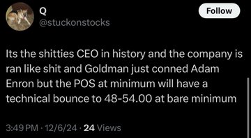 A screenshot of a tweet from user @stuckonstocks posted at 3:49 PM on 12/6/24 with 24 views, reading: "Its the shitties CEO in history and the company is ran like shit and Goldman just conned Adam Enron but the POS at minimum will have a technical bounce to 48-54.00 at bare minimum." The post notes the irony that the user criticizes AMC's CEO and management while still predicting a major technical bounce in the stock's price.