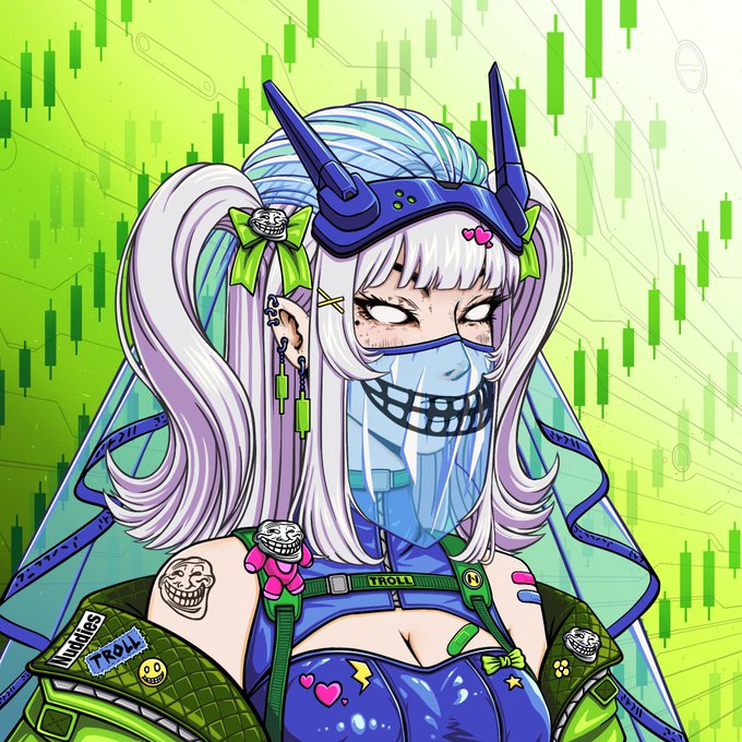 An anime-style illustration of a girl with white twin-tails wearing a blue outfit, a face mask, and cyberpunk accessories including troll face charms and "TROLL" patches, set against a background of green stock market candlesticks.