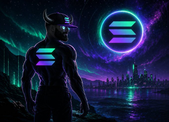 A muscular figure wearing a horned cap stands silhouetted against a neon-lit cityscape, with the glowing Solana (SOL) logo prominently displayed both on his back and as a massive emblem in the starry sky above—perfectly capturing the "Solana mode" energy of the post.