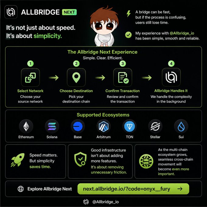 A promotional graphic for 'ALLBRIDGE NEXT' highlighting their cross-chain bridge service with the tagline 'It's not just about speed. It's about simplicity.' and a referral link 'next.allbridge.io/?code=onyx_fury'.