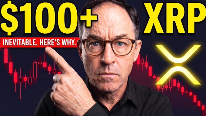 A man with glasses points upward against a backdrop of red trading charts, with bold yellow text reading "$100+ XRP INEVITABLE. HERE'S WHY." alongside the XRP logo. The image visually reinforces the post's prediction of XRP reaching $100+ and a bear market ending, as highlighted in the linked YouTube video.