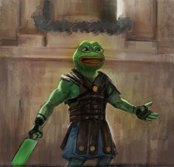 A digital painting of Pepe the Frog depicted as a Roman soldier/warrior holding a green blade, wearing armor and a kilt.