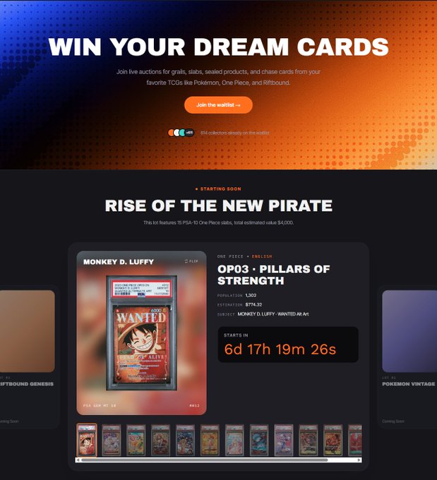 The image is a screenshot of an online auction page for Pokemon cards, specifically focusing on rare Pokémon decks. The main information displayed is related to a new pirate card that has been released by Pokemon, which can be accessed through an auction site. The text on the website encourages users to join the contest and participate in the live auction. Additionally, there are other cards being auctioned off on this platform, providing more options for potential card enthusiasts to bid on their desired decks.