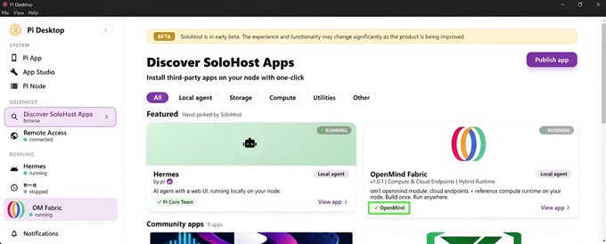 The image shows the Pi Desktop application interface displaying the "Discover SoloHost Apps" section, where users can install third-party apps on their Pi node, featuring "Hermes" (marked as Running) and "OpenMind Fabric om1" (Operational) from OpenMind | Hybrid Runtime. This directly relates to the post's announcement about installing OpenMind's OM1 Fabric on Pi nodes for teleoperation tasks and earning rewards, showing the actual app marketplace where the integration is available.