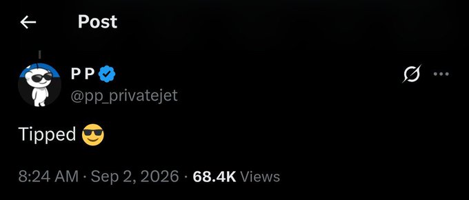 A screenshot of a social media post by verified user "PP" (@pp_privatejet) that simply reads "Tipped 😎" with 68.4K views, shown to confirm that the account did indeed tip the poster as referenced in their reply.