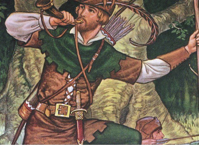The image depicts a classic illustration of Robin Hood, shown blowing a hunting horn while carrying a quiver of arrows and a bow, dressed in his signature green and brown attire. This artwork visually reinforces the "RobinhoodWif" meme on the Robinhood chain, as the legendary outlaw Robin Hood is the namesake inspiration for both the token and the blockchain platform being referenced.