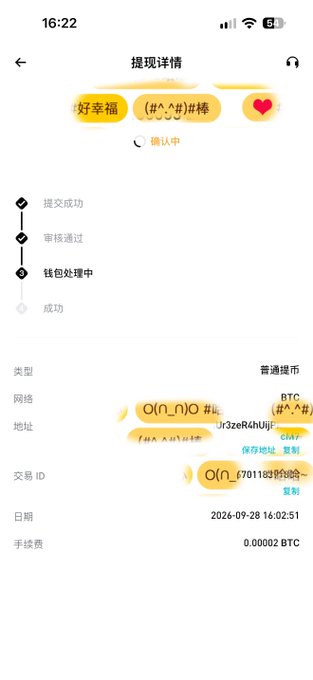 Mobile screenshot of a Chinese-language cryptocurrency withdrawal details page showing a pending BTC transaction at 0.00002 BTC dated 2026-09-28 16:02:51, with status '钱包处理中' (wallet processing).