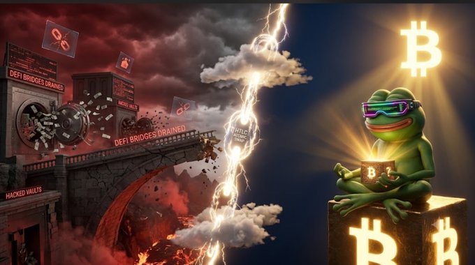 A dramatic digital illustration contrasts a chaotic scene of crypto disasters (labeled "DEFI BRIDGES DRAINED," "HACKED WALLETS," "$135M ACCOUNT HACK") on the left with a serene, glowing frog in sunglasses meditating on a Bitcoin block on the right.